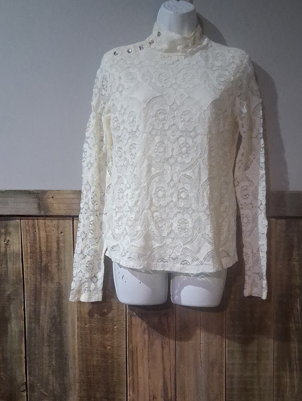 Anthropologie Cream Lace High-Neck Blouse with Shoulder Buttons